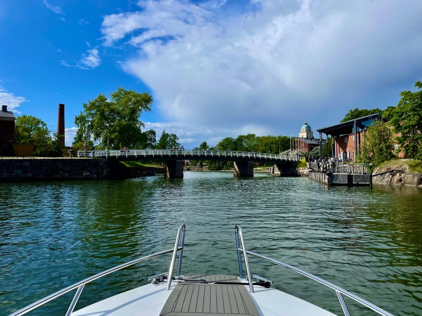Helsinki: Private Boat Tour - The AMT 210DC boat: canopy, closed cabin, and sun comfort