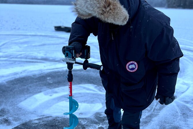 VIP Ice Fishing "ICEBREAKER" Lunch in Glass Igloo - Ice fishing on a small frozen lake: gear, drilling, and expectations